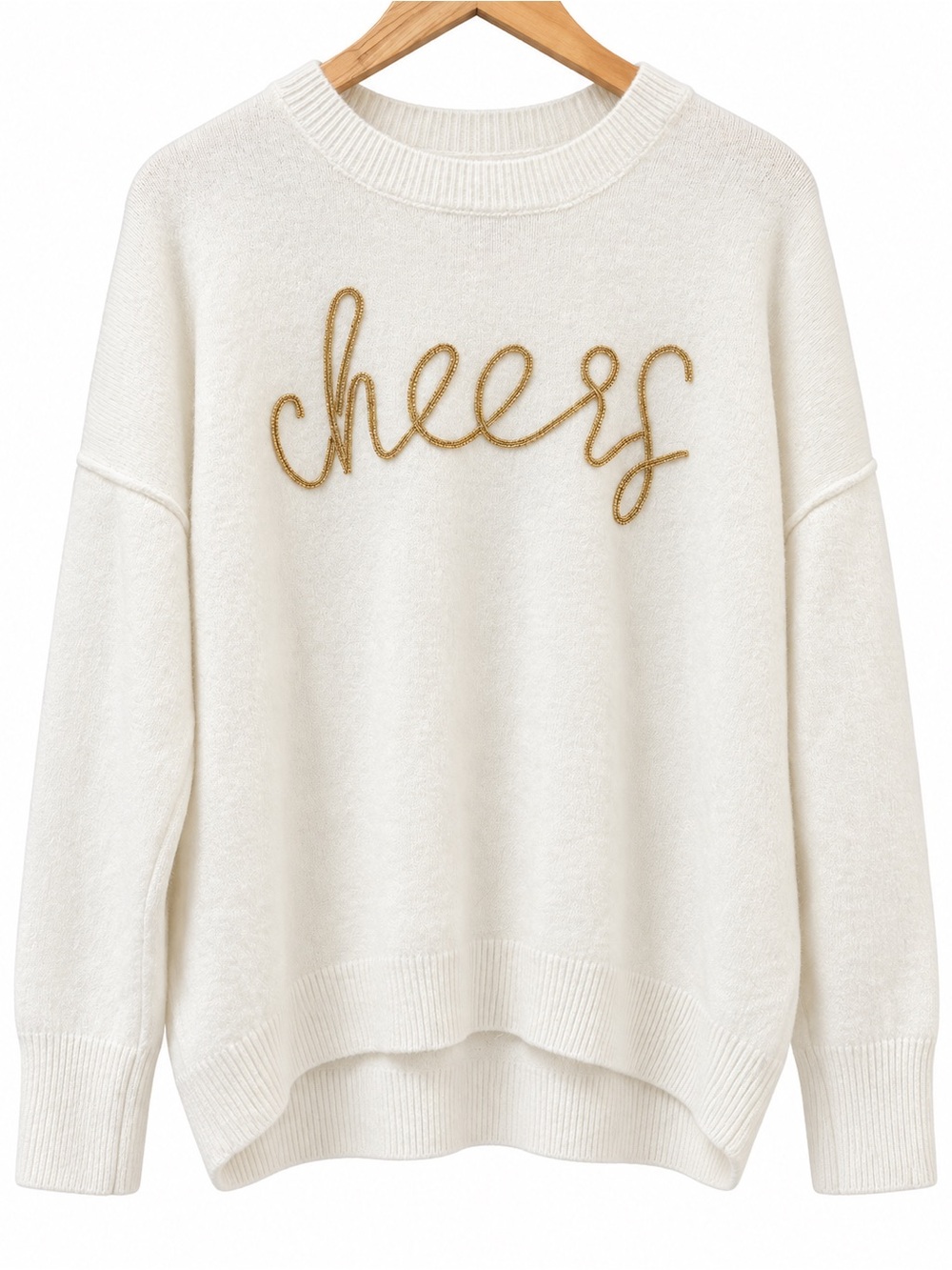 Vince Camuto Ivory Crewneck Sweater with Gold 'cheers' Script